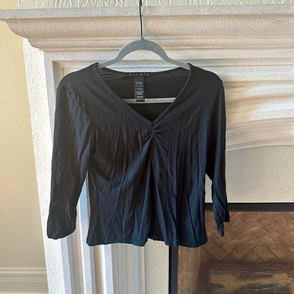 ninety Black V-Neck Ruched Front Long Sleeve Top